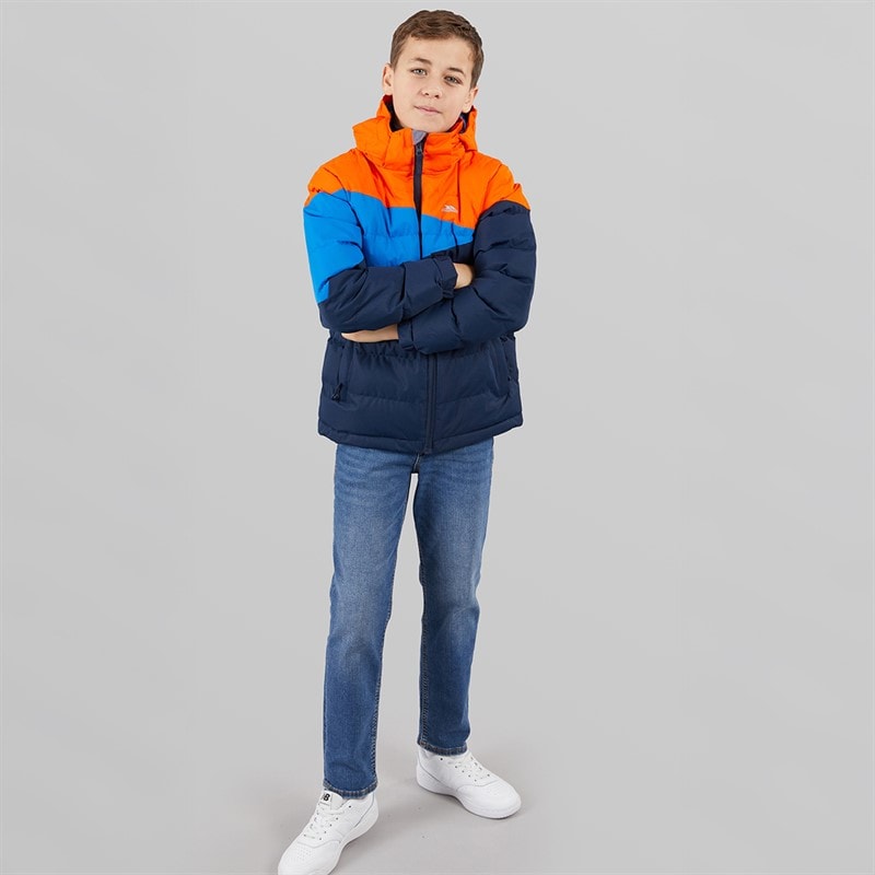 Trespass Junior Boys Layout Waterproof Padded Hooded Jacket Navy/Hot Orange/Blue - Image 4