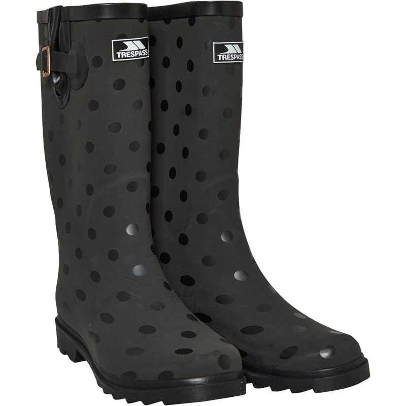 Trespass Womens Elena Polka Dot Print Wellington Boots Black - Image 1