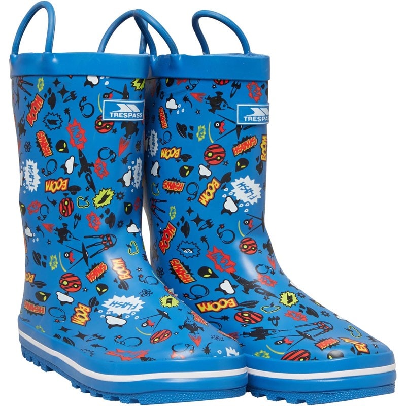 Trespass Junior Boys Apolloton Cartoon Printed Wellington Boots Comic Blue