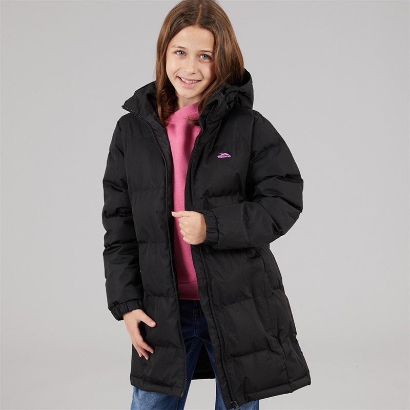 Trespass Girls Tiffy Waterproof Long Padded Hooded Coat Black