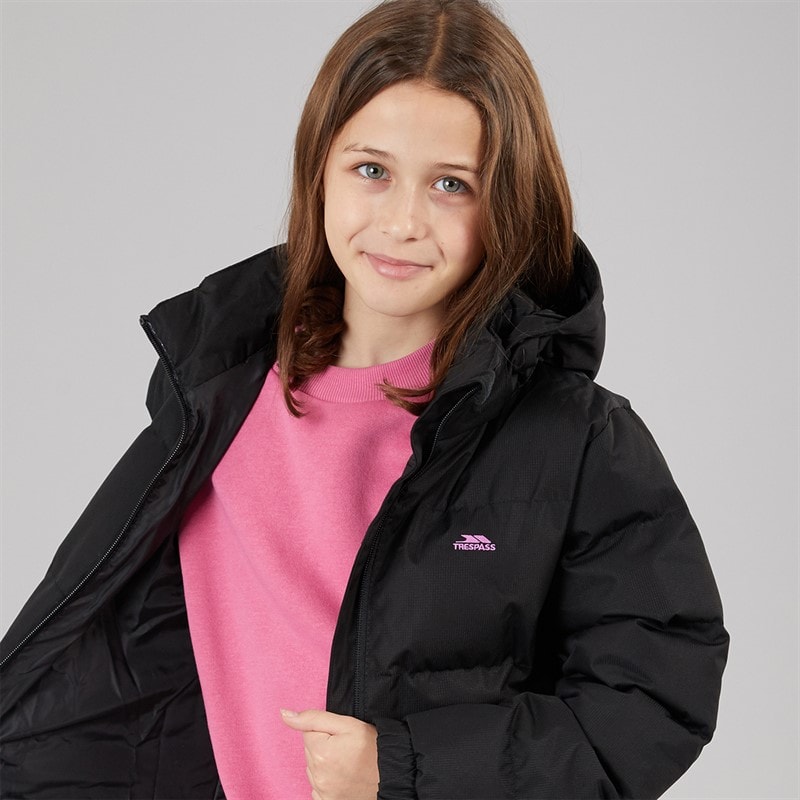 Trespass Girls Tiffy Waterproof Long Padded Hooded Coat Black - Image 3