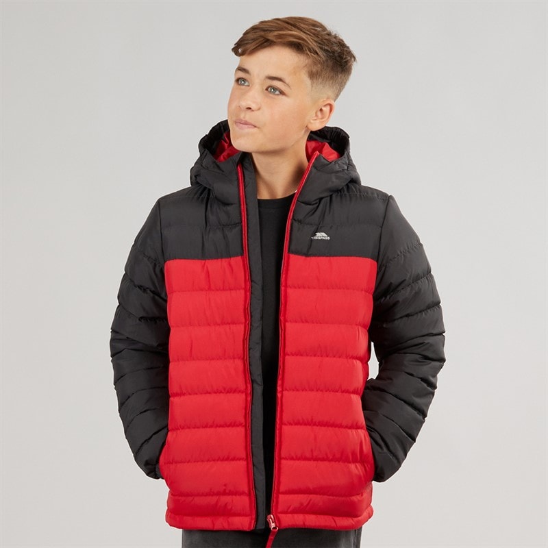 Trespass Junior Boys Oskar Padded Hooded Jacket Red/Dark Grey - Image 1
