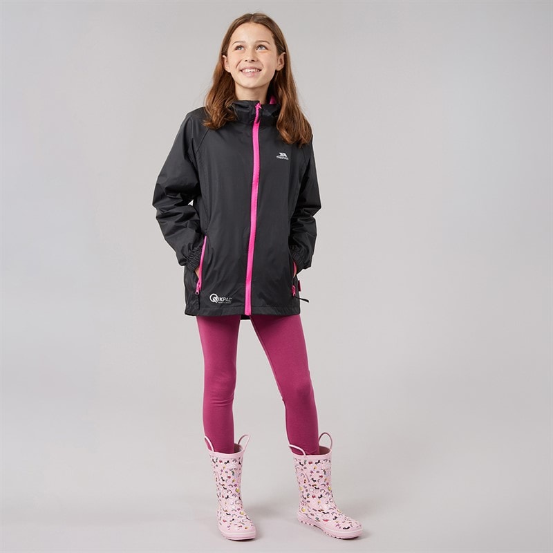 Trespass Girls Qikpac Waterproof Jacket Black/Pink - Image 4