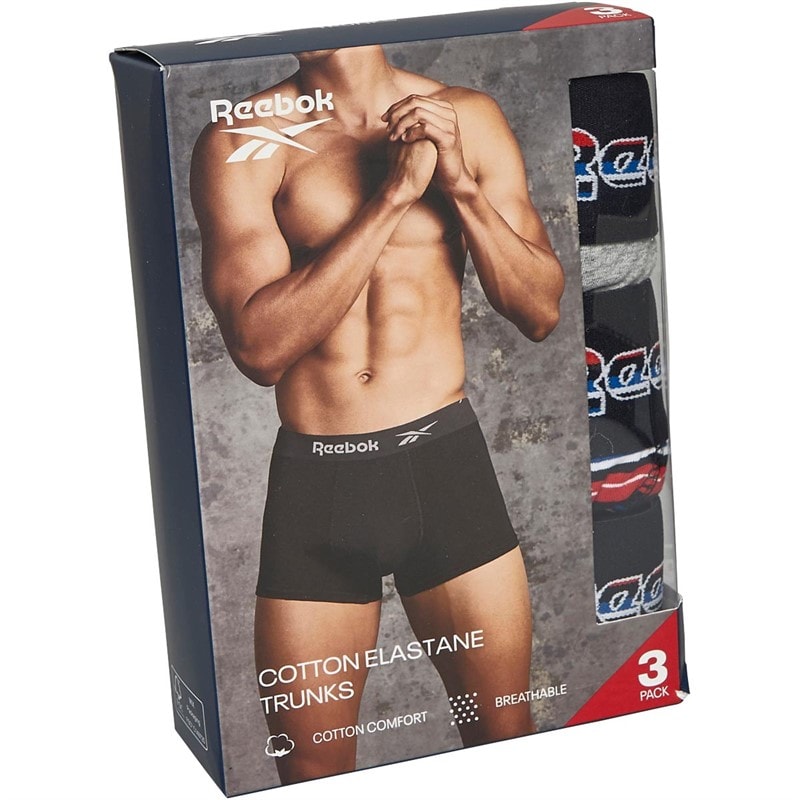 Reebok Mens Artie Three Pack Cotton Trunks Grey Marl/Black/Red Stripe - Image 2