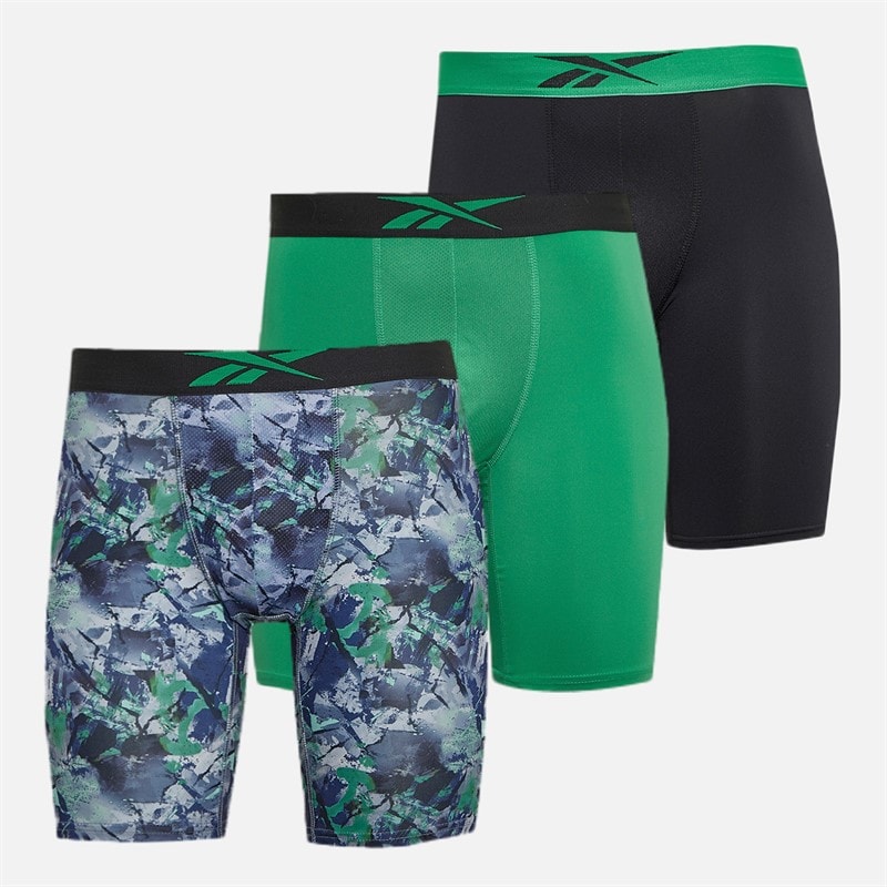 Reebok Mens Decker Three Pack Long Performance Trunks Green/Green Print/Black - Image 1