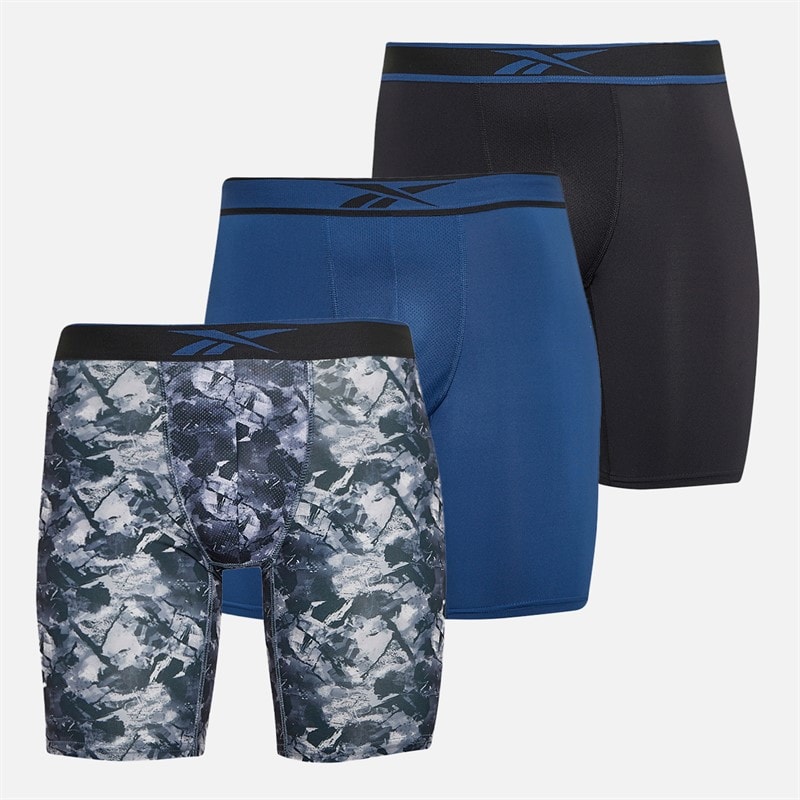 Reebok Mens Derek Three Pack Long Performance Trunks Black/Grey Print/Batik Blue - Image 1