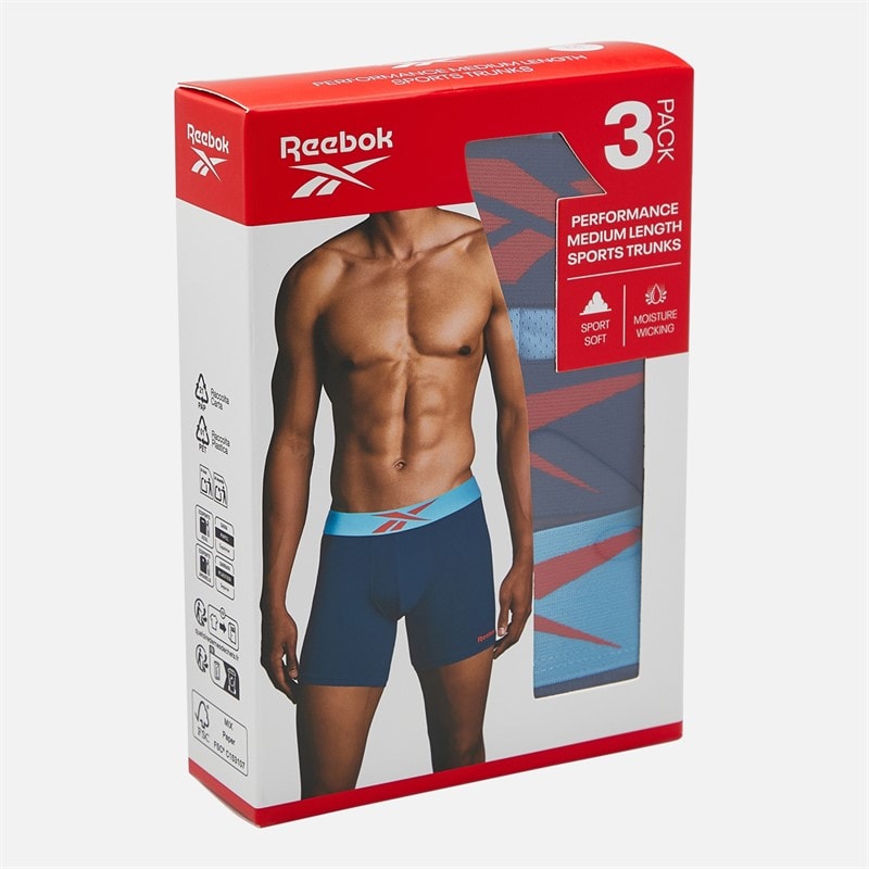 Reebok Mens Muir Performance Three Pack Medium Trunks Essential Blue/Print/Batik Blue - Image 2