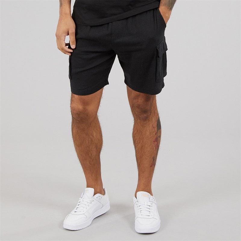THREADBARE Mens Linen Cargo Shorts Black