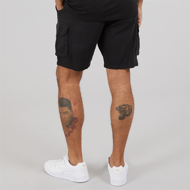 THREADBARE Mens Linen Cargo Shorts Black - Image 2