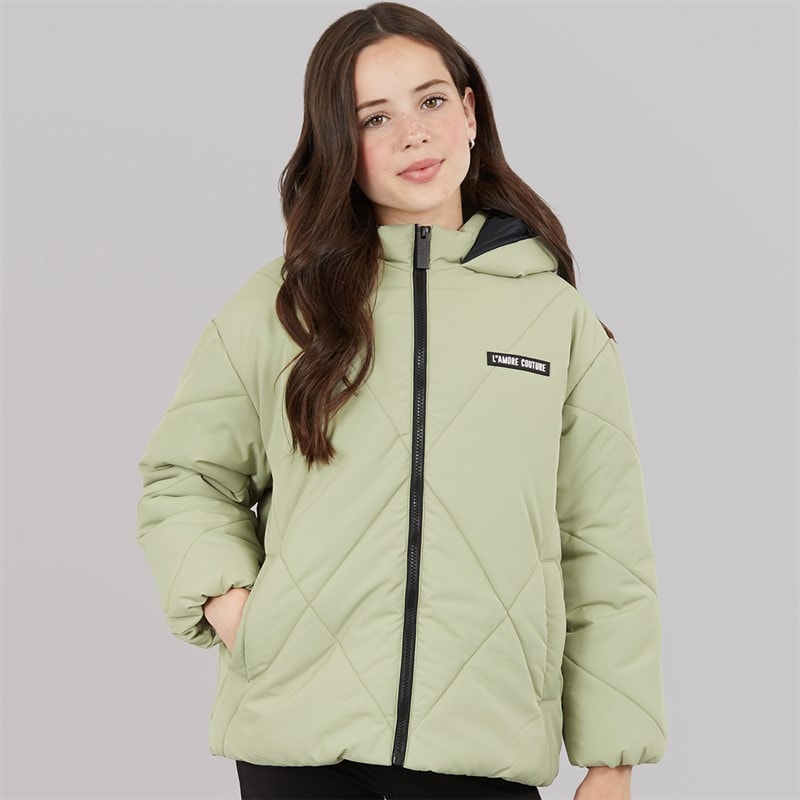 L'amore Couture Girls Franklin Short Puffer Coat Khaki - Image 3