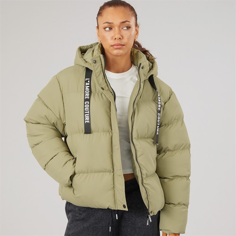 L'amore Couture Womens Celeste Short Puffer Jacket Khaki