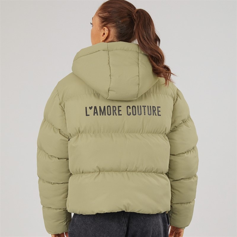 L'amore Couture Womens Celeste Short Puffer Jacket Khaki - Image 2