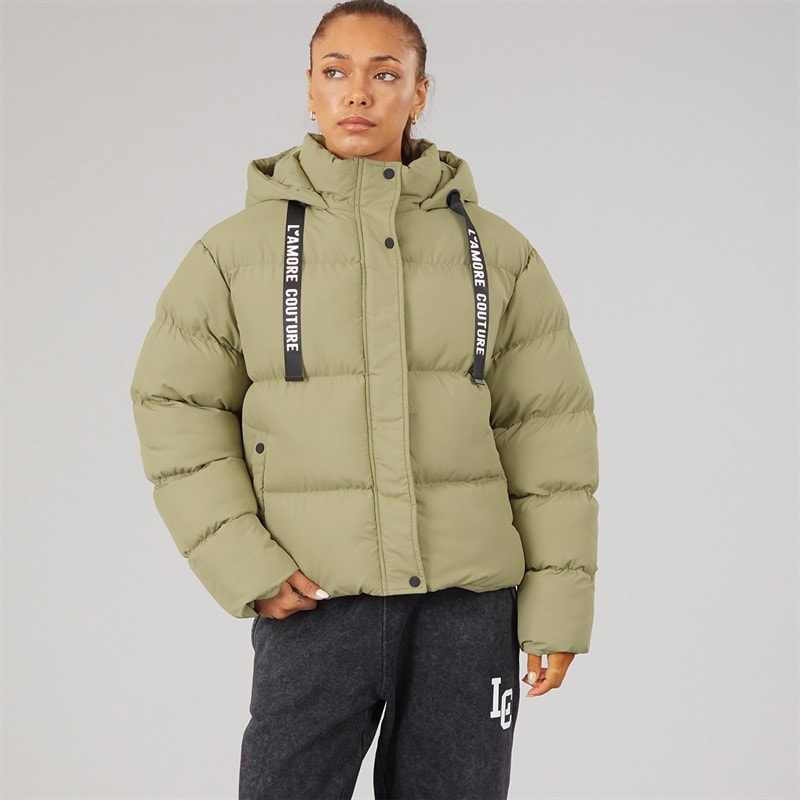 L'amore Couture Womens Celeste Short Puffer Jacket Khaki - Image 3
