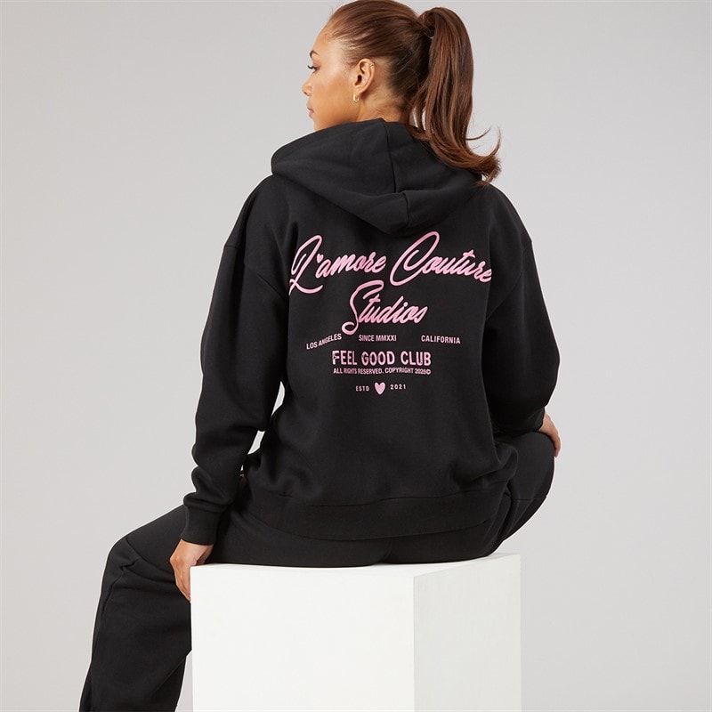L'amore Couture Womens Feel Good Club Hoodie And Joggers Tracksuit Black - Image 1