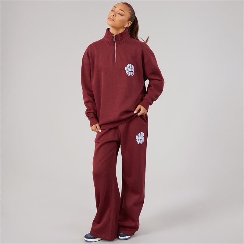 L'amore Couture Womens Lumi Quarter Zip Sweatshirt And Wide Leg Joggers Tracksuit Burgundy - Image 1