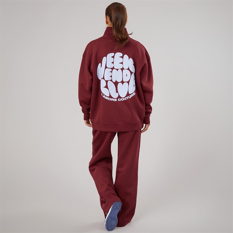 L'amore Couture Womens Lumi Quarter Zip Sweatshirt And Wide Leg Joggers Tracksuit Burgundy - Image 2