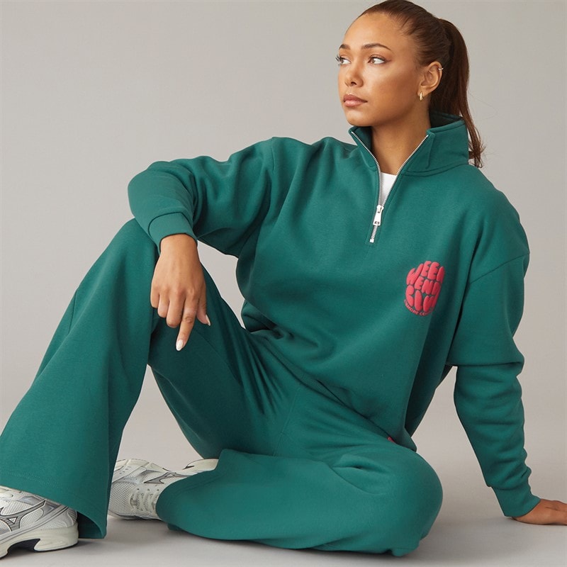 L'amore Couture Womens Lumi Quarter Zip Sweatshirt And Wide Leg Joggers Tracksuit Dark Green - Image 1