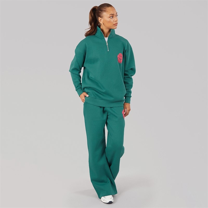 L'amore Couture Womens Lumi Quarter Zip Sweatshirt And Wide Leg Joggers Tracksuit Dark Green - Image 4