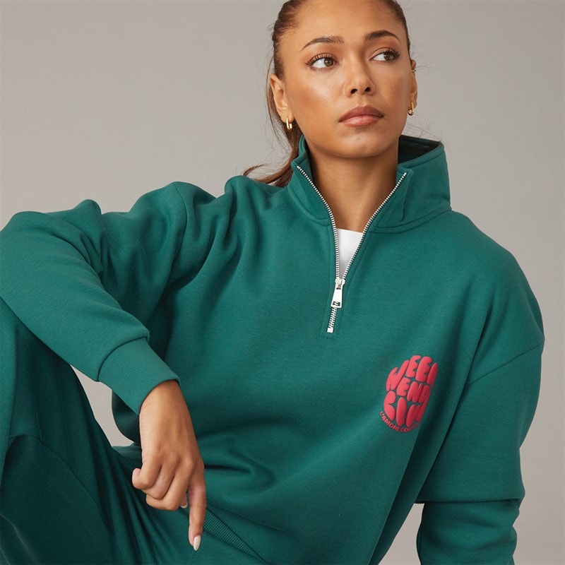 L'amore Couture Womens Lumi Quarter Zip Sweatshirt And Wide Leg Joggers Tracksuit Dark Green - Image 5