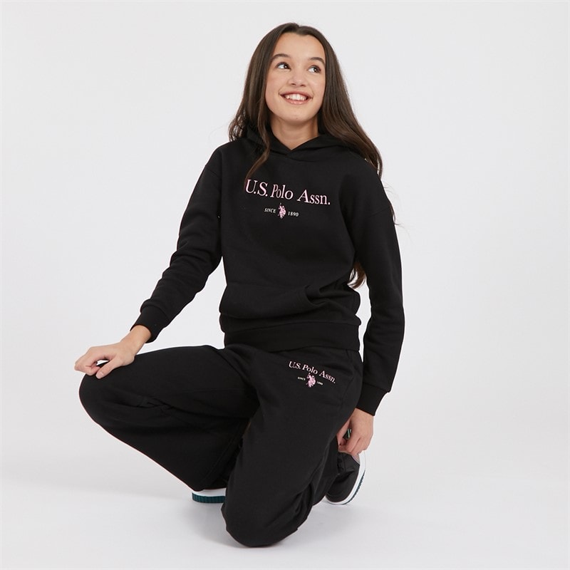 U.S. POLO ASSN. Girls Loose Fit Hoodie And Wide Leg Joggers Tracksuit Set Black - Image 3