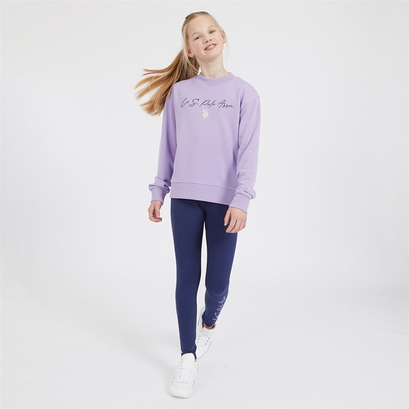 U.S. POLO ASSN. Girls Script Crew Sweatshirt And Leggings Tracksuit Medieval Blue - Image 3