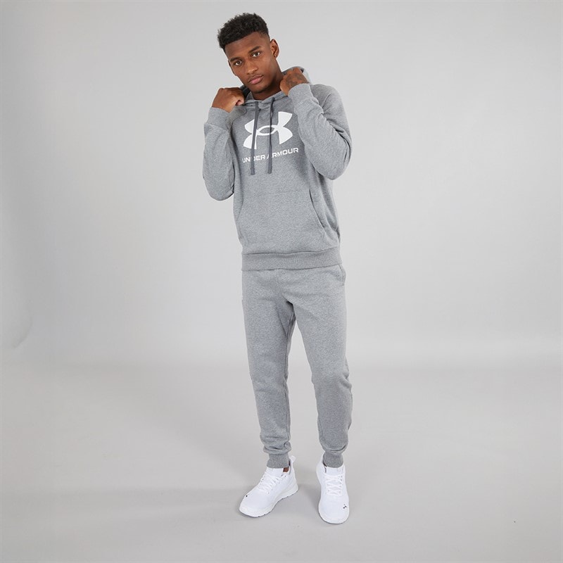 Under Armour Mens UA Rival Fleece Logo Hoodie Castlerock Light Hearther/White - Image 3