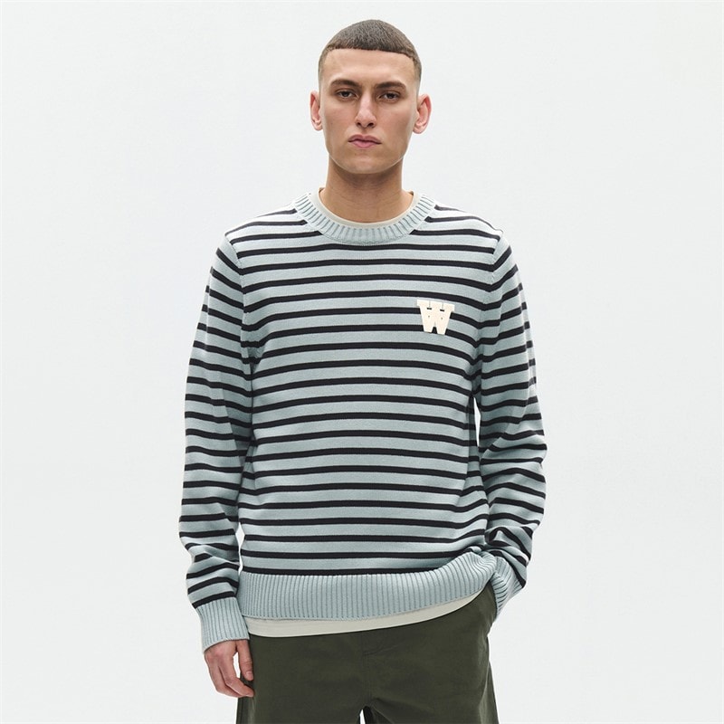 Wood Wood Mens Tay Crew Neck Jumper Slate Stripe