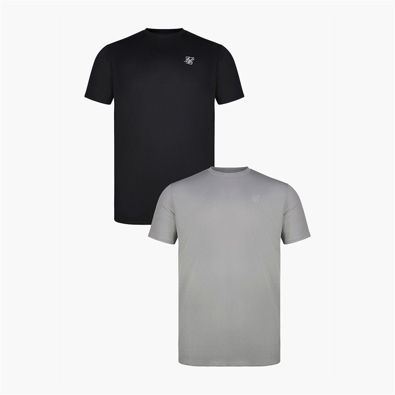 SikSilk Mens Two Pack Muscle Fit T-Shirts Black/Grey