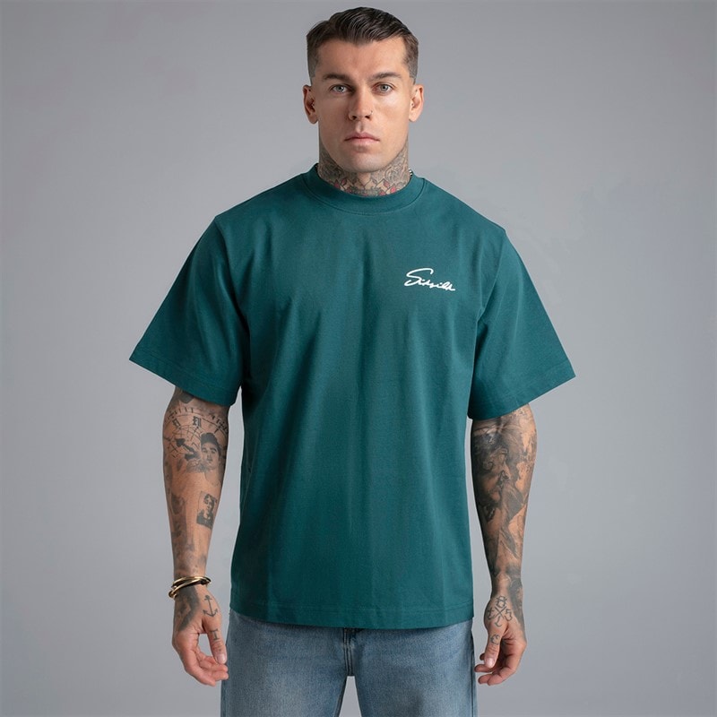 SikSilk Mens Script T-Shirt Green - Image 2