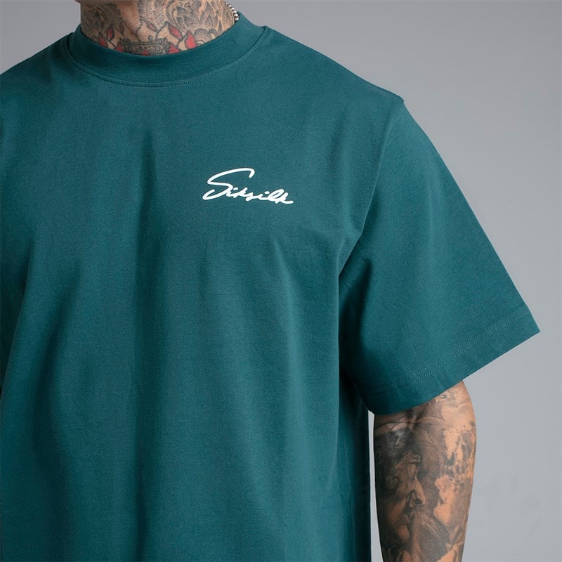 SikSilk Mens Script T-Shirt Green - Image 3
