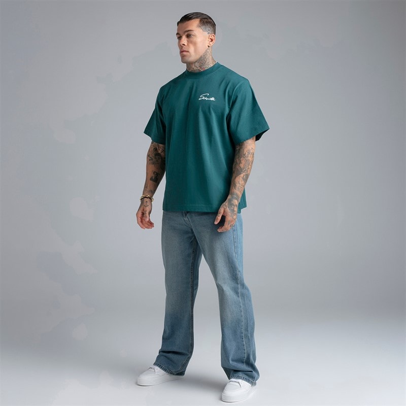 SikSilk Mens Script T-Shirt Green - Image 4