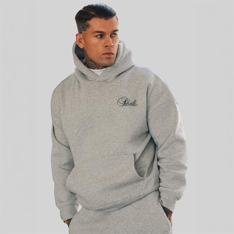 SikSilk Mens Essentials Hoodie Grey Marl - Image 1