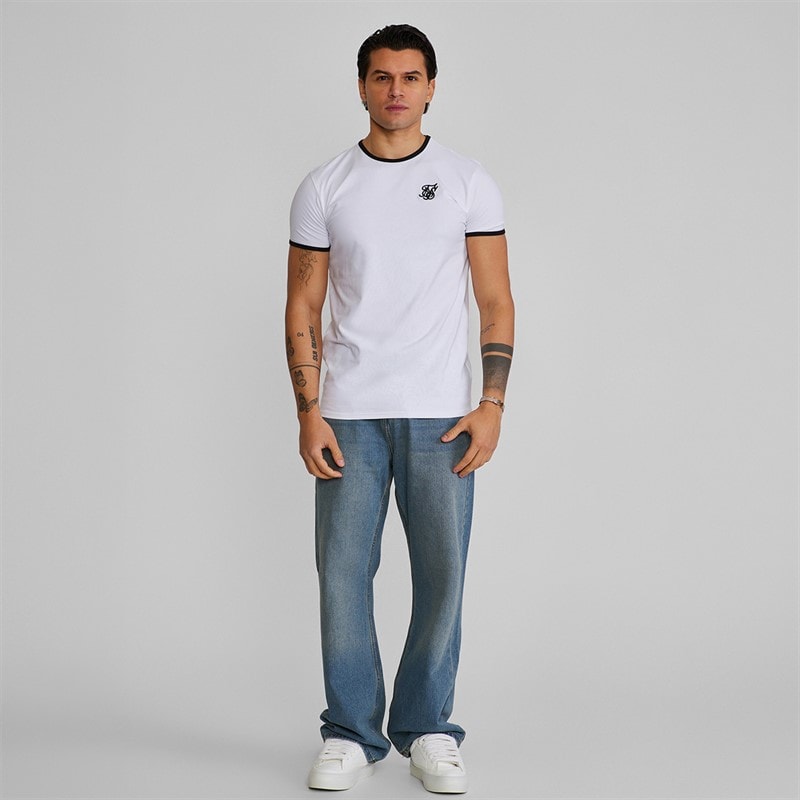 SikSilk Mens Ringer T-Shirt White/Black - Image 4