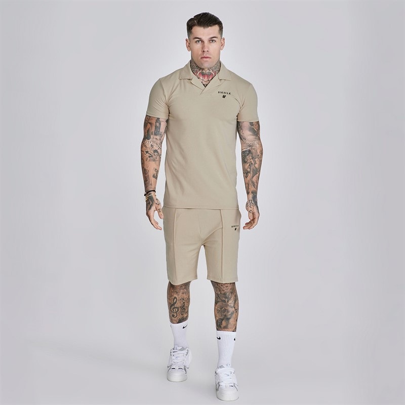SikSilk Mens Polo Shirt And Shorts Set Beige - Image 1