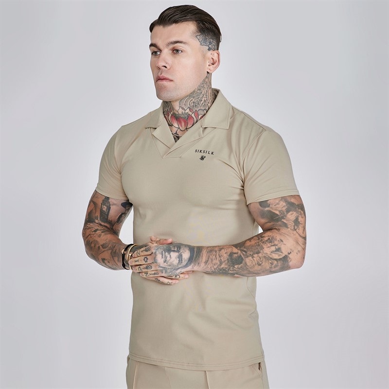 SikSilk Mens Polo Shirt And Shorts Set Beige - Image 3