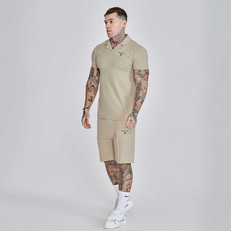 SikSilk Mens Polo Shirt And Shorts Set Beige - Image 5
