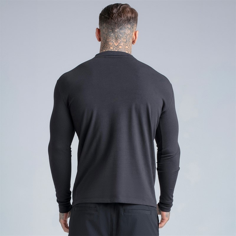 SikSilk Mens Long Sleeve Zip Polo Shirt Black - Image 2