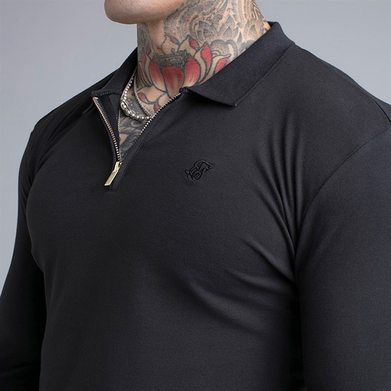 SikSilk Mens Long Sleeve Zip Polo Shirt Black - Image 3