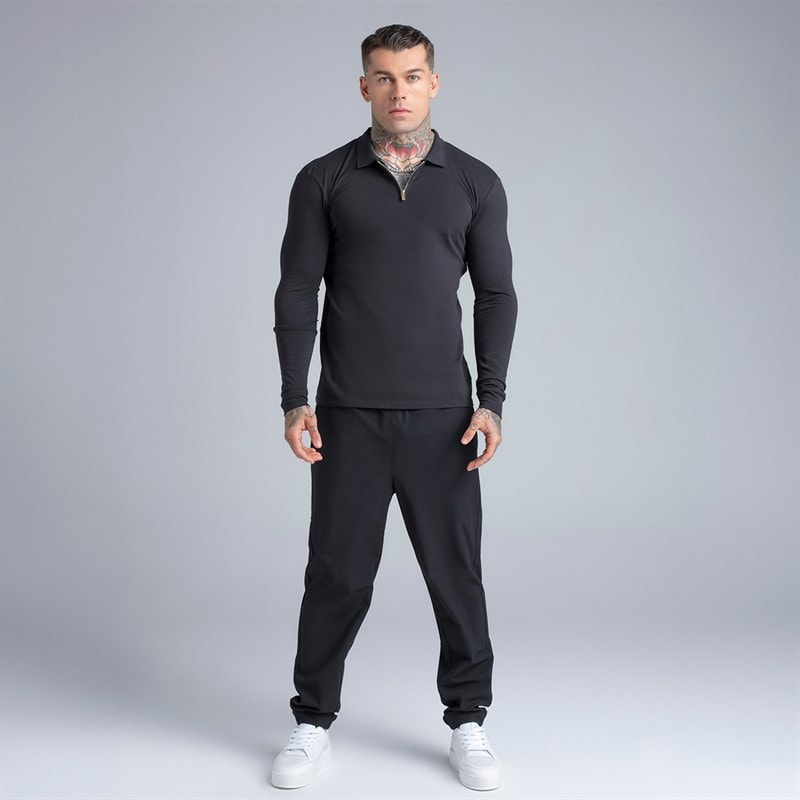 SikSilk Mens Long Sleeve Zip Polo Shirt Black - Image 4