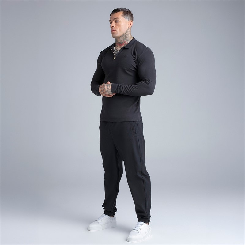 SikSilk Mens Long Sleeve Zip Polo Shirt Black - Image 5