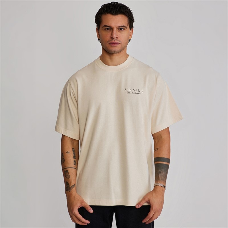 SikSilk Mens Graphic T-Shirt Ecru - Image 2
