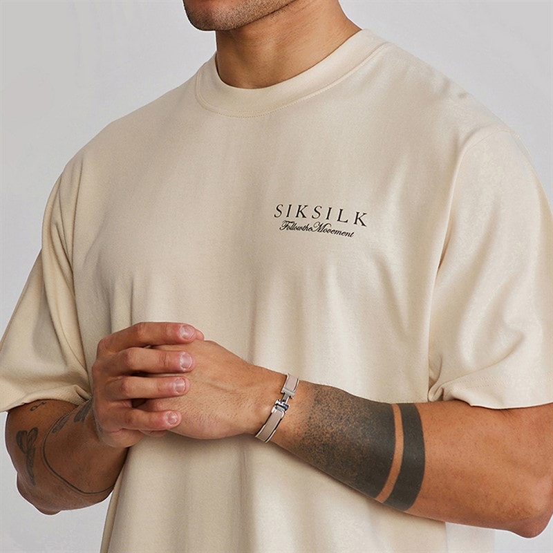 SikSilk Mens Graphic T-Shirt Ecru - Image 3