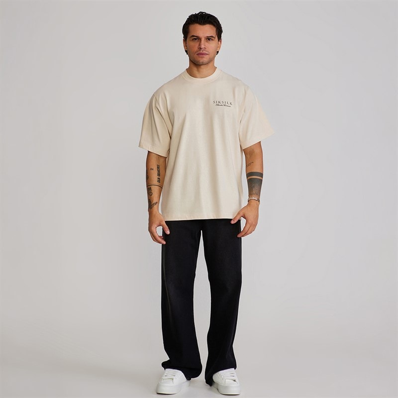 SikSilk Mens Graphic T-Shirt Ecru - Image 4