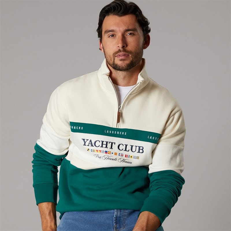 Lagooners Mens Exmouth Funnel Neck Sweat Ecru/Green - Image 1