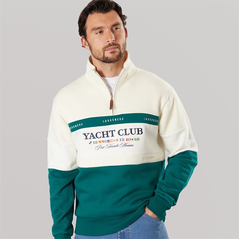 Lagooners Mens Exmouth Funnel Neck Sweat Ecru/Green - Image 2