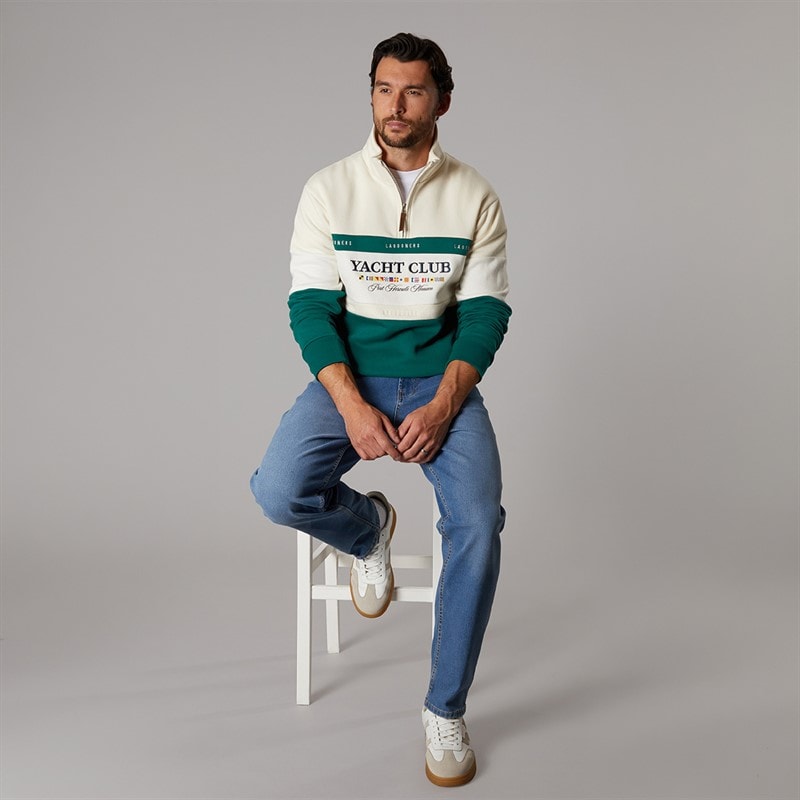 Lagooners Mens Exmouth Funnel Neck Sweat Ecru/Green - Image 4