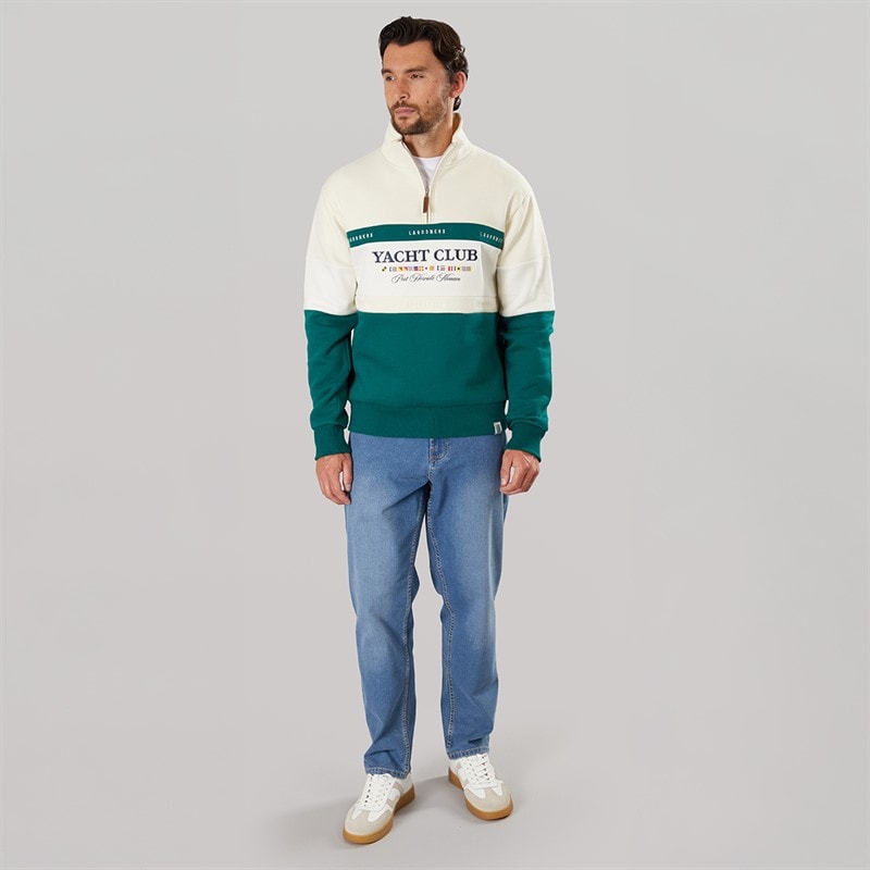 Lagooners Mens Exmouth Funnel Neck Sweat Ecru/Green - Image 5