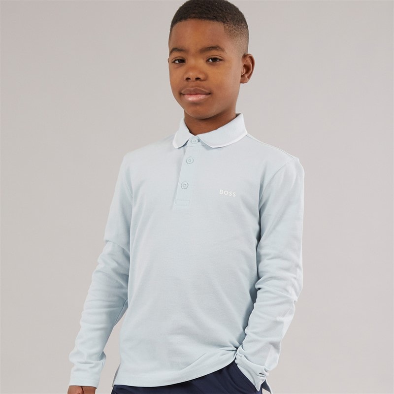 BOSS Boys Long Sleeve Polo Shirt Pale Blue - Image 1