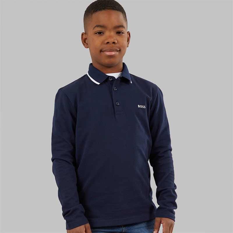BOSS Boys Long Sleeve Polo Shirt Navy - Image 1