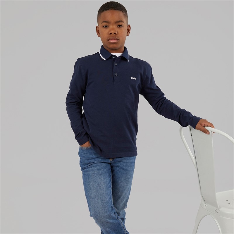 BOSS Boys Long Sleeve Polo Shirt Navy - Image 3